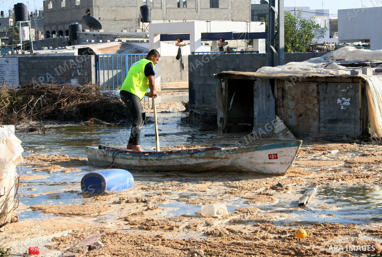 A general view of the flooded Bedouin village of Um Al-Nasr following the collapse of a sewer system in the northern Gaza Strip. At least five Palestinians were killed in flooding caused by the collapse of a sewer system...