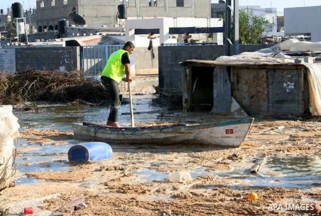 A general view of the flooded Bedouin village of Um Al-Nasr following the collapse of a sewer system in the northern Gaza Strip. At least five Palestinians were killed in flooding caused by the collapse of a sewer system...