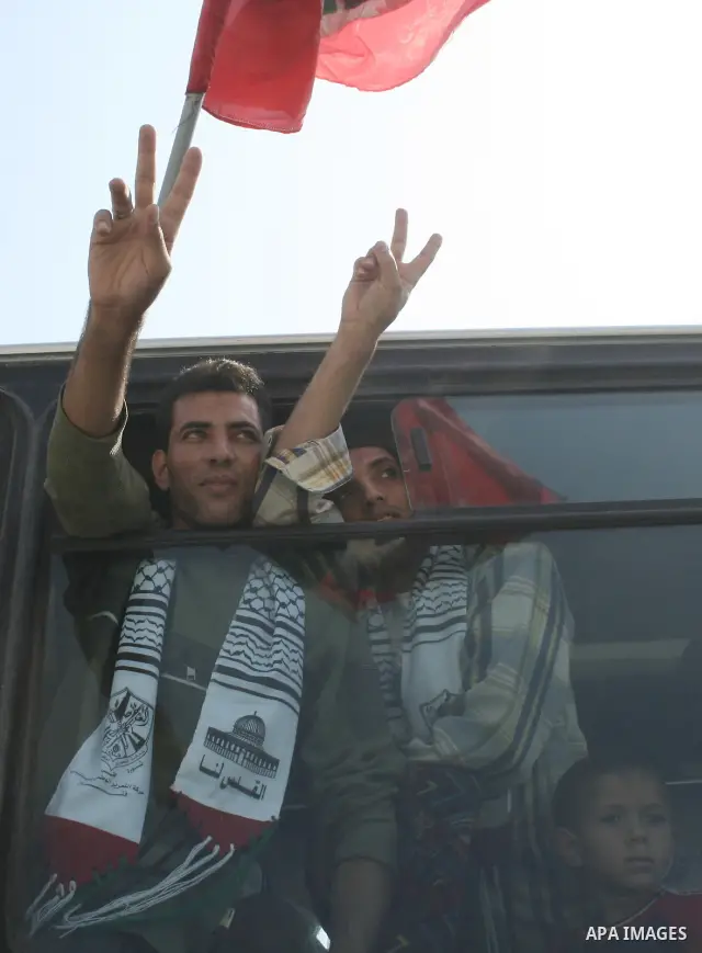 Palestinians released from Israeli jail flash "V" signs after crossing into the Gaza Strip, following their release at the Erez crossing by Israeli border police. Israel sent 29 Palestinian prisoners back to the Gaza Str...