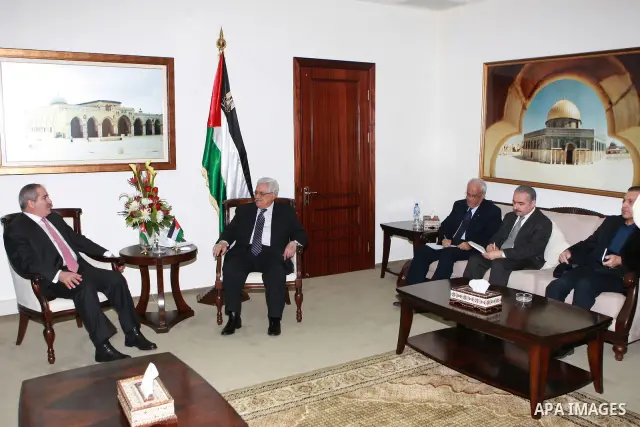 Palestinian President Mahmoud Abbas, meet with with the Jordanian Foreign Minister Nasser Judeh, in the West Bank city of Ramallah, on March 07, 2012. Photo by Thaer Ganaim