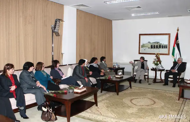 Palestinian President Mahmoud Abbas (Abu Mazen) meets of the General Secretariat and the Administrative Council of the Federation of Women, on the occasion of International Women's Day in the West Bank City of Ramallah,...