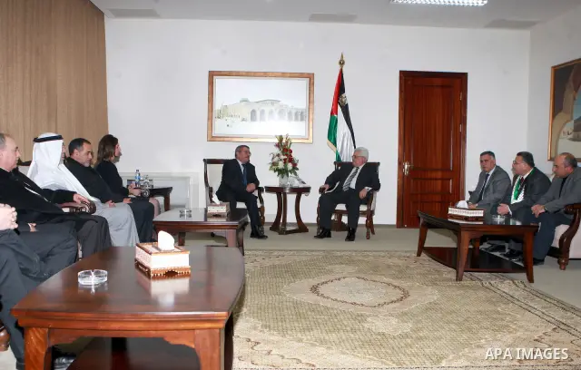 Palestinian President, Mahmoud Abbas (Abu Mazen), meets of the international journalists' union in the West Bank city of Ramallah, on March 09, 2012. Photo by Thaer Ganaim