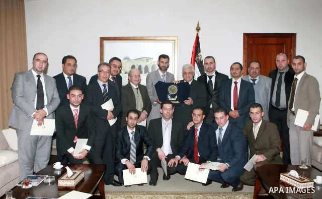Palestinian President, Mahmoud Abbas (Abu Mazen), meets of the Jordanian delegation included a number of lawyers and trade unionists in the West Bank city of Ramallah, on March 08, 2012. Photo by Thaer Ganaim