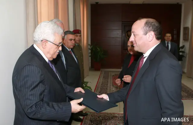 Palestinian President, Mahmoud Abbas (Abu Mazen), during accepting the credentials of the representative of the Republic of Slovenia in the West Bank city of Ramallah on March 11, 2012. Photo by Thaer Ghanaim