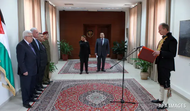 Palestinian President, Mahmoud Abbas (Abu Mazen), during accepting the credentials of the representative of the Republic of Norway in the West Bank city of Ramallah on March 11, 2012. Photo by Thaer Ghanaim
