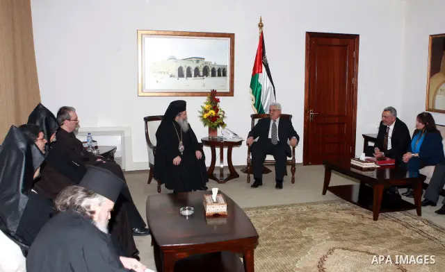 Palestinian President, Mahmoud Abbas (Abu Mazen), meets with Orthodox Patriarch Theowlos III, and keeper of the Holy Land Father Batista Betsabila and Archbishop of the Armenian Orthodox Archbishop Aires, in the West Ban...