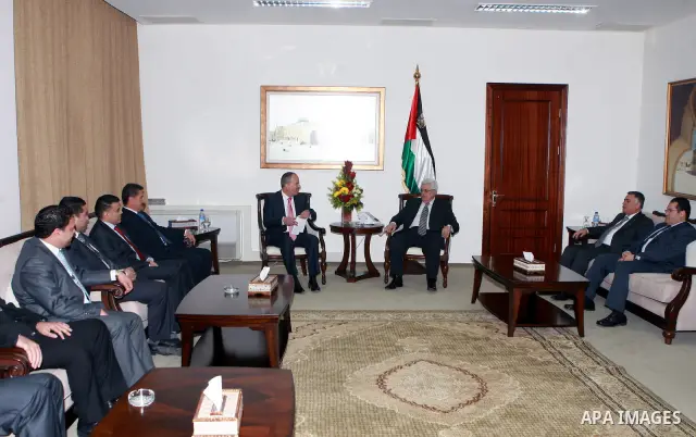 Palestinian President, Mahmoud Abbas (Abu Mazen), meets with of the Federation of Development in real estate, in the West Bank city of Ramallah on March 19, 2012. Photo by Thaer Ganaim