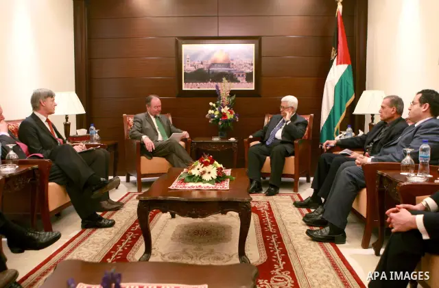 Palestinian President, Mahmoud Abbas (Abu Mazen), meets with the British Consul and the General French Consul and the representative of Germany to the Palestinian National Authority, in the West Bank city of Ramallah on...