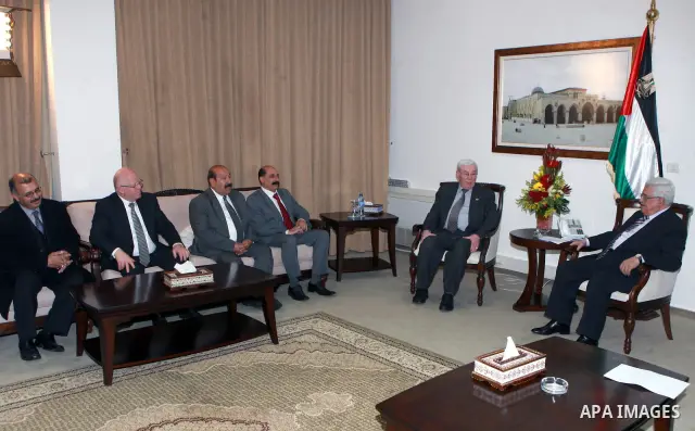 Palestinian President, Mahmoud Abbas (Abu Mazen) meets with the delegation Jordanian parliamentary in the West Bank City of Ramallah, on Mar. 21, 2012. Photo by Thaer Ganaim