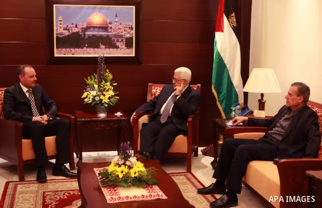 Palestinian President, Mahmoud Abbas (Abu Mazen), meets with Maltese Ambassador, in the West Bank City of Ramallah on April 24, 2012. Photo by Thaer Ganaim .