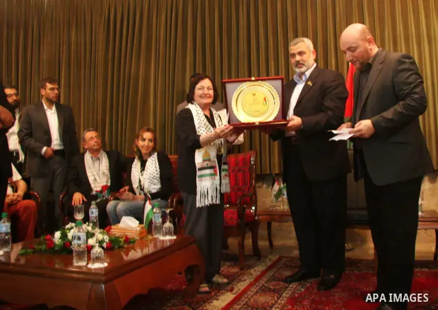 Palestinian Prime Minister Ismail Haniyeh receives the delegation of "dignity" ship breaking the Israeli siege on Gaza, in Gaza City.