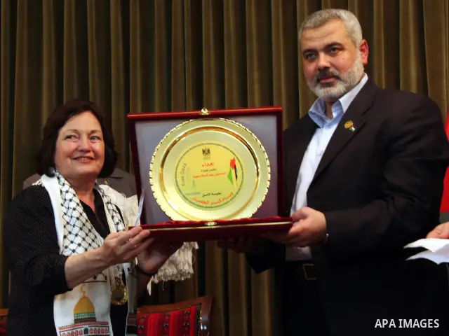 Palestinian Prime Minister Ismail Haniyeh receives the delegation of "dignity" ship breaking the Israeli siege on Gaza, in Gaza City.