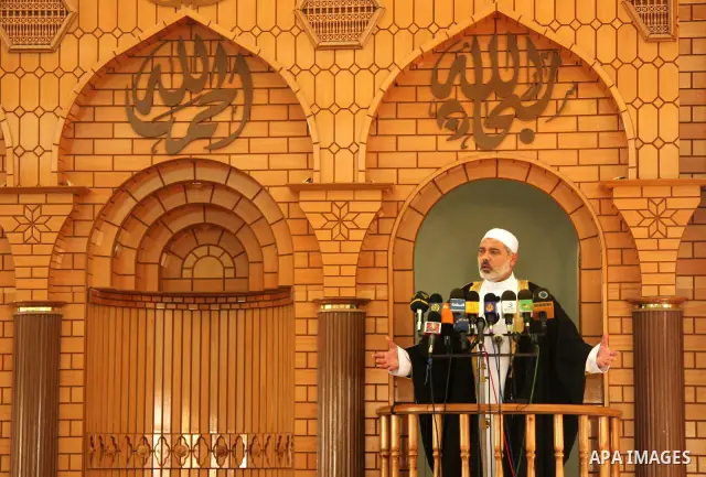 Deposed Palestinian Prime Minister Ismail Haniyeh declaims during the friday prayers at the West Mosque, in Gaza City.