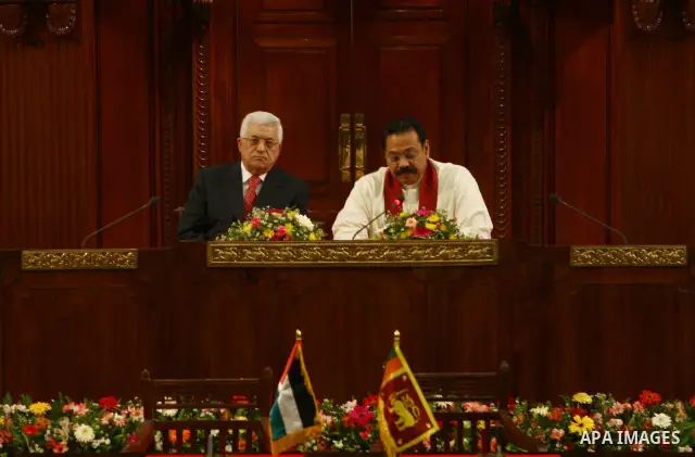 Palestinian President Mahmoud Abbas meets the Sri Lankan President Mhenda Raja Biska in Sri Lanka's capital of Colombo.
