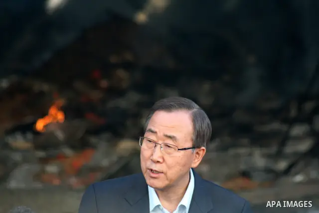 UN Secretary General Ban Ki-moon taken speaks to the press in front of the rubble of the United Nations Relief and Works Agency (UNRWA) warehouse destroyed during Israeli strikes in Gaza, January 20. APAIMAGES PHOTO / As...