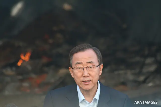 UN Secretary General Ban Ki-moon taken speaks to the press in front of the rubble of the United Nations Relief and Works Agency (UNRWA) warehouse destroyed during Israeli strikes in Gaza, January 20. APAIMAGES PHOTO / As...