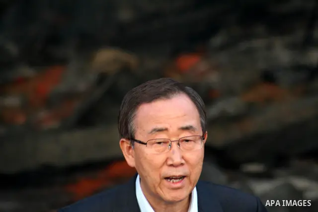 UN Secretary General Ban Ki-moon taken speaks to the press in front of the rubble of the United Nations Relief and Works Agency (UNRWA) warehouse destroyed during Israeli strikes in Gaza, January 20. APAIMAGES PHOTO / As...