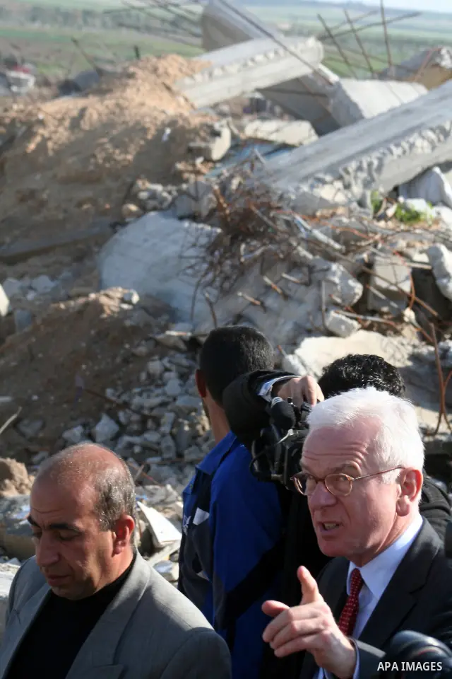 European Union (EU) Parliament President Hans-Gert Poettering inspects the damage of al-Quds hospital in Gaza city on February 23, 2009. A delegation of the European parliament, led by its president Hans Gert Poettering,...