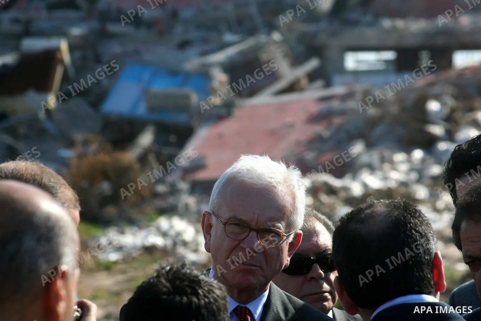 European Union (EU) Parliament President Hans-Gert Poettering inspects the damage of al-Quds hospital in Gaza city on February 23, 2009. A delegation of the European parliament, led by its president Hans Gert Poettering,...