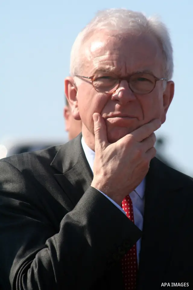European Union (EU) Parliament President Hans-Gert Poettering inspects the damage of al-Quds hospital in Gaza city on February 23, 2009. A delegation of the European parliament, led by its president Hans Gert Poettering,...