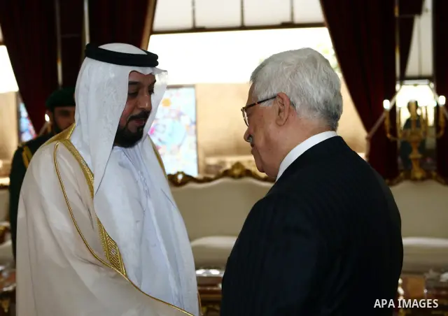 Palestinian President Mahmoud Abbas meets with UAE prince Sheikh Khalifa bin Zayed Al Nahyan in Abu Dhabi.