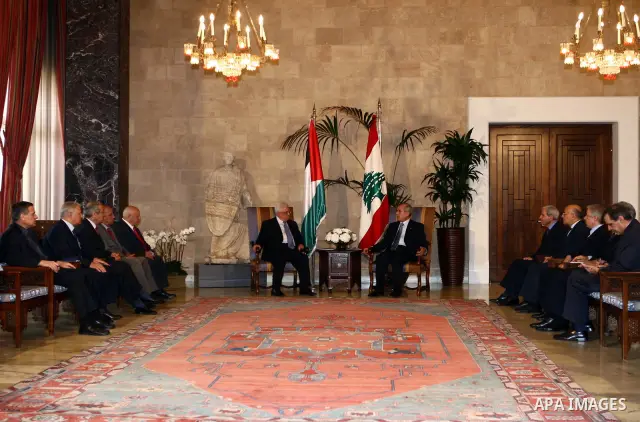 Palestinian President Mahmoud Abbas meets with Lebanese President Michel Suleiman at the Republican Palace, in the Lebanon's capital of Beirut.