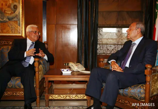 Palestinian President Mahmoud Abbas meets with Lebanese Parliament Speaker Nabih Berri, in the Lebanon's capital of Beirut.