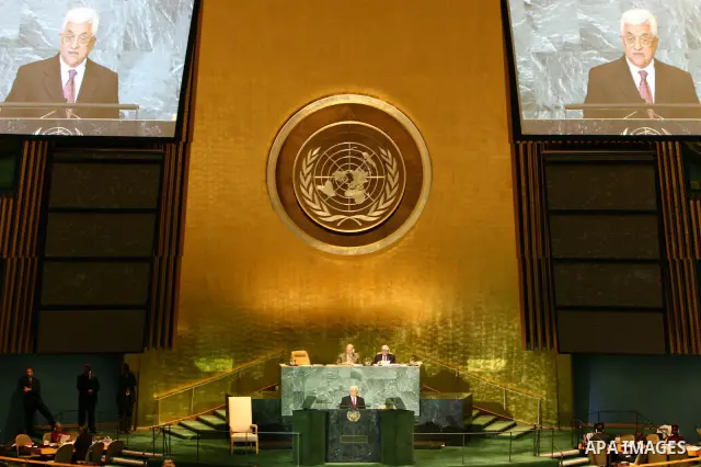 Palestinian President Mahmoud Abbas delivers a speech in the General Assembly of UN in New York City.