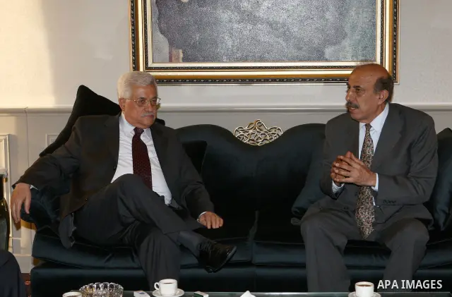 Palestinian President Mahmoud Abbas meets with Secretary General of the Palestinian Liberation Front Ali Aziz, in The Syrian Capital of Damascus.