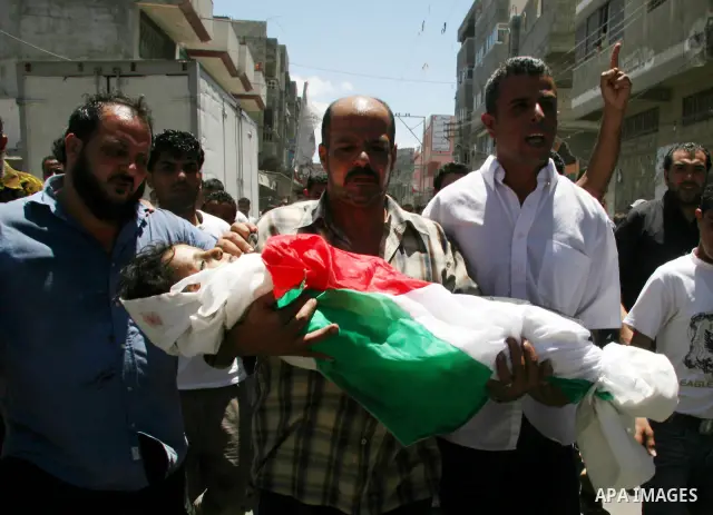 Palestinians mourners carry the body of five year-old girl, Siren al-Safdi, wrapped in a Palestinian flag, during a funeral in Gaza City after she as killed yesterday in a bomb blast. Hamas-run security forces fanned out...