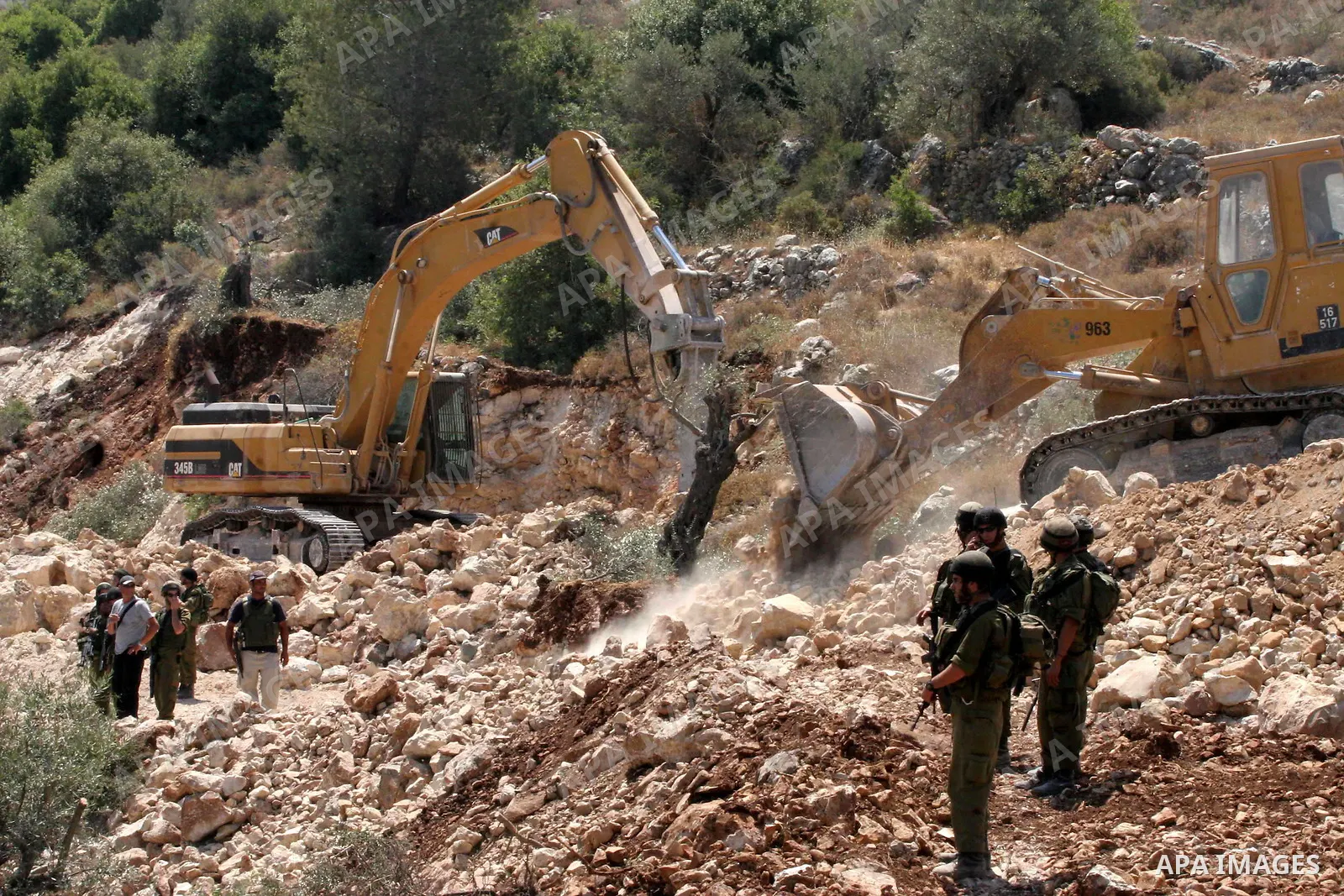 Israeli border police officers guard heavy machinery carving a route through Palestinian olive groves during a protest against the construction of Israel's controversial security fence in the West Bank village of Nilin,...