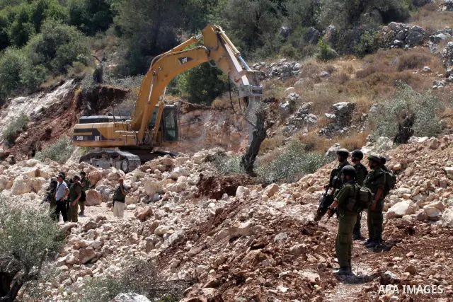 Israeli border police officers guard heavy machinery carving a route through Palestinian olive groves during a protest against the construction of Israel's controversial security fence in the West Bank village of Nilin,...