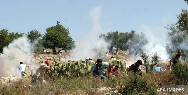 Palestinian demonstrators run from a cloud of teargas fired by Israeli troops during a protest against the construction of Israel's controversial separation barrier in the West Bank village of Nilin, west of Ramallah.