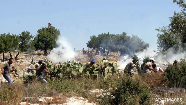 Palestinian demonstrators run from a cloud of teargas fired by Israeli troops during a protest against the construction of Israel's controversial separation barrier in the West Bank village of Nilin, west of Ramallah.
