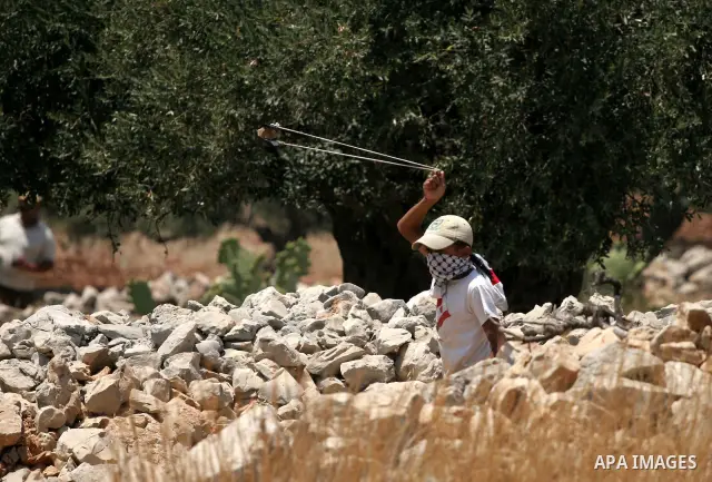 Palestinians hurl stones at Israeli border police officers during a demonstration against the construction of Israel's disputed barrier in the West Bank village of Nilleen near Ramallah.