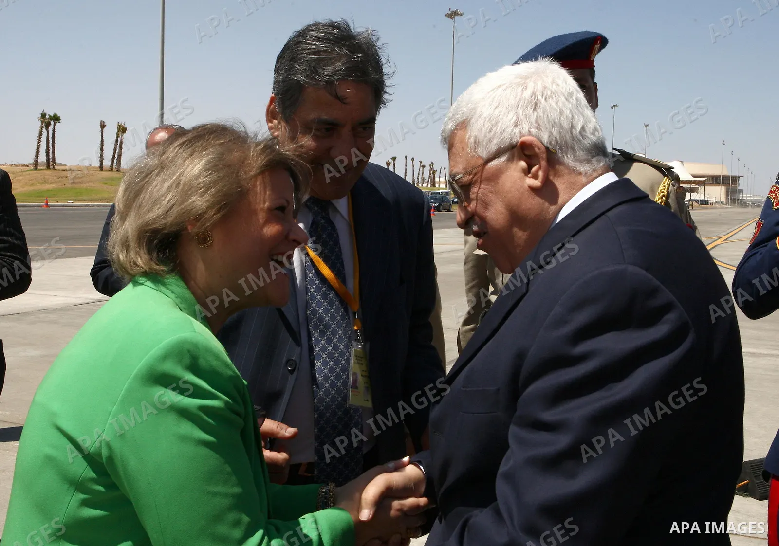 Palestinian President Mahmoud Abbas is received by Egyptian Minister of Development and International Relations, Fayza Abul Naga during his arrival in Sharm el-Sheikh City, in Egypt.
