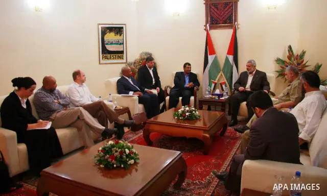 Palestinian Prime Minister Ismail Haniyeh receives official delegation from South Africa, in Gaza City.