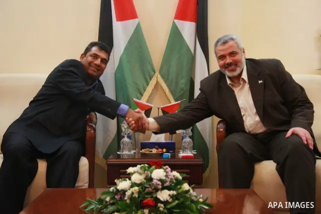 Palestinian Prime Minister Ismail Haniyeh receives official delegation from South Africa, in Gaza City.