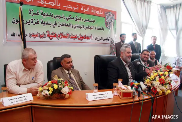 Palestinian Prime Minister Ismail Haniyeh addresses during his visiting to Gaza municipality, in Gaza City.