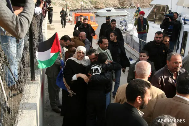 Palestinian Nasser Atallah, is greeted by his family members, upon his arrival in Gaza City aboard a boat carrying a group of pro-Palestinian peace activists and European politicians. Israel allowed the "Dignity," a smal...