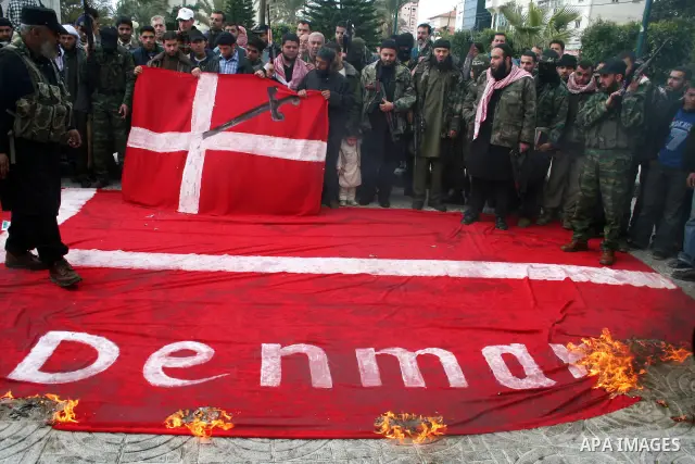 Palestinians burn a flag of Denmark during a protest in Gaza. The rally, organised by popular resistant committees, was a protest against a cartoon of Prophet Mohammad that was republished by Danish newspapers on Februar...