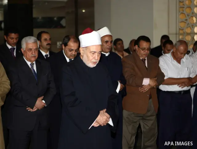 Palestinian President Mahmoud Abbas meets with Grand Sheikh of Al-Azhar Mohamed Tantawi, in the Egyptian capital of Cairo.