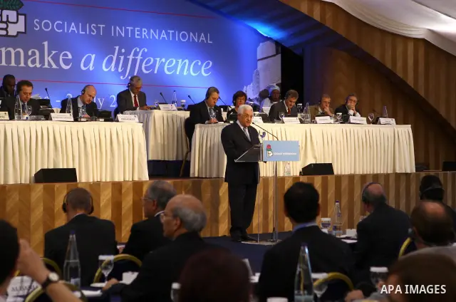 Palestinian President Mahmoud Abbas deliver a speech at the meeting of the International Socialist, in The Greece Capital of Athens