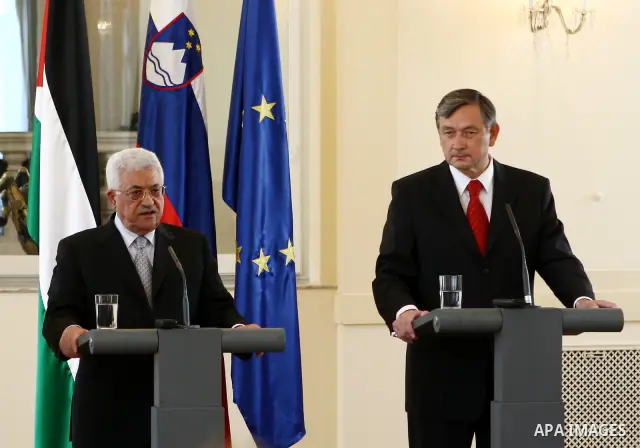 Palestinian President Mahmoud Abbas holds a joint press conference with Slovenian President Danilo Tuerk, in Slovenia.
