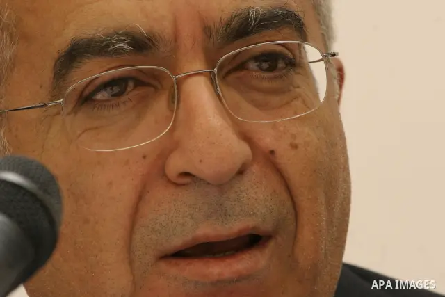 Palestine Prime Minister Salam Fayyad speaks to the media during the signing of an agreement between Sinokrot and APIC at the Convention Palace, during the second day of Palestine Investment Conference in Al-Khader villa...
