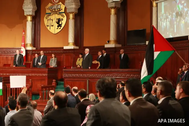 Palestinian president Mahmoud Abbas delivers a speech at the Tunisian Constituent Assembly headquarters in Bardo, western Tunis, on April 30, 2012. Palestinian President Mahmud Abbas arrived in Tunisia on April 28 for a...