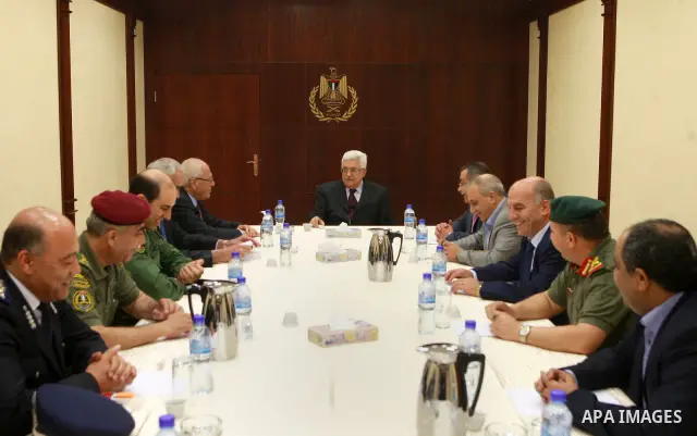Palestinian President Mahmoud Abbas (Abu Mazen) meets with security chiefs at the presidential headquarters in the West Bank city of Ramallah on May 09, 2012. Photo by Thaer Ganaim