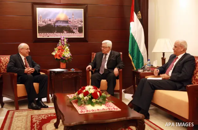 Palestinian President Mahmoud Abbas (Abu Mazen), meets with Israeli Prime Minister Counsellor in the West Bank, city of Ramallah on May 12, 2012. Photo by Thaer Ganaim