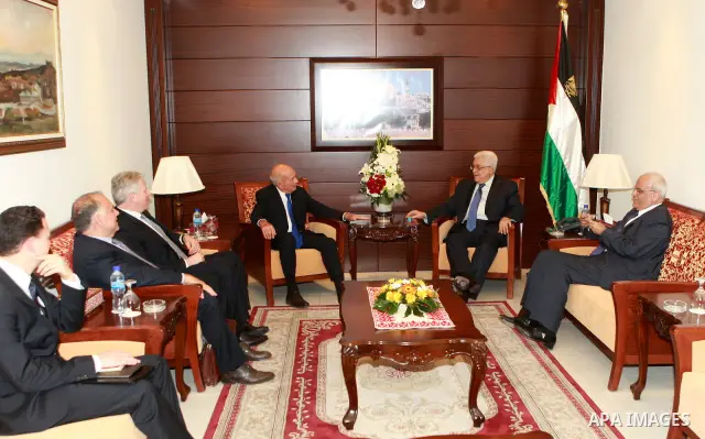 Palestinian President, Mahmoud Abbas (Abu Mazen) meets with head of the Center, Daniel Abraham Peace in the Middle East, in the West Bank city of Ramallah, on May 23 2012. Photo by Thaer Ganaim