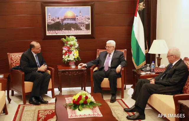 Palestinian President, Mahmoud Abbas (Abu Mazen) meets with of the Egyptian Ambassador, in the West Bank city of Ramallah on June, 25, 2012. Photo by Thaer Ganaim